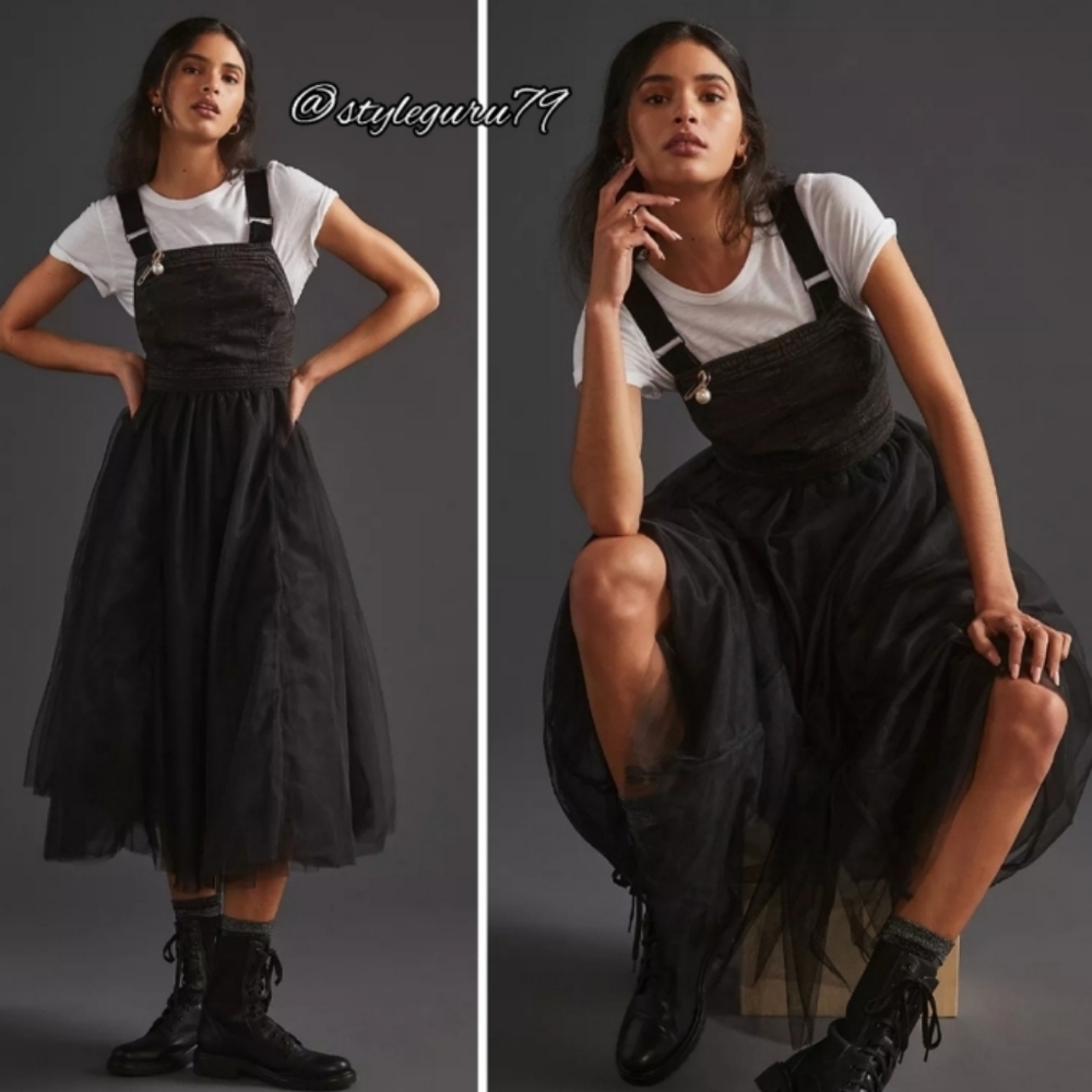 NWOT Anthropologie Pilco Black Denim and Tulle Dress Sz 14